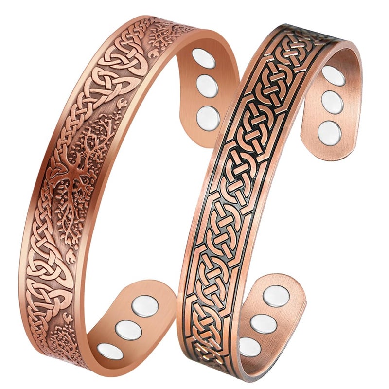 Vicmag 2PCS Copper Magnetic Bracelet for Men Ultra Strength Magnets 99.99% Solid Pure Copper Cuff Bangles (Adjustable Size with Gift Box) (Tree of Life & Ax Viking)
